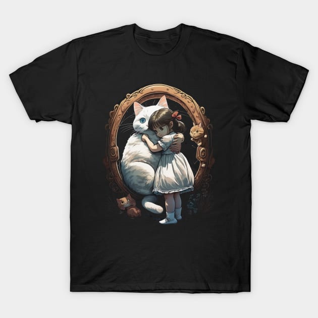 Anime Dream: Girl Embracing a Cat in Enchanting Portal T-Shirt by YUED